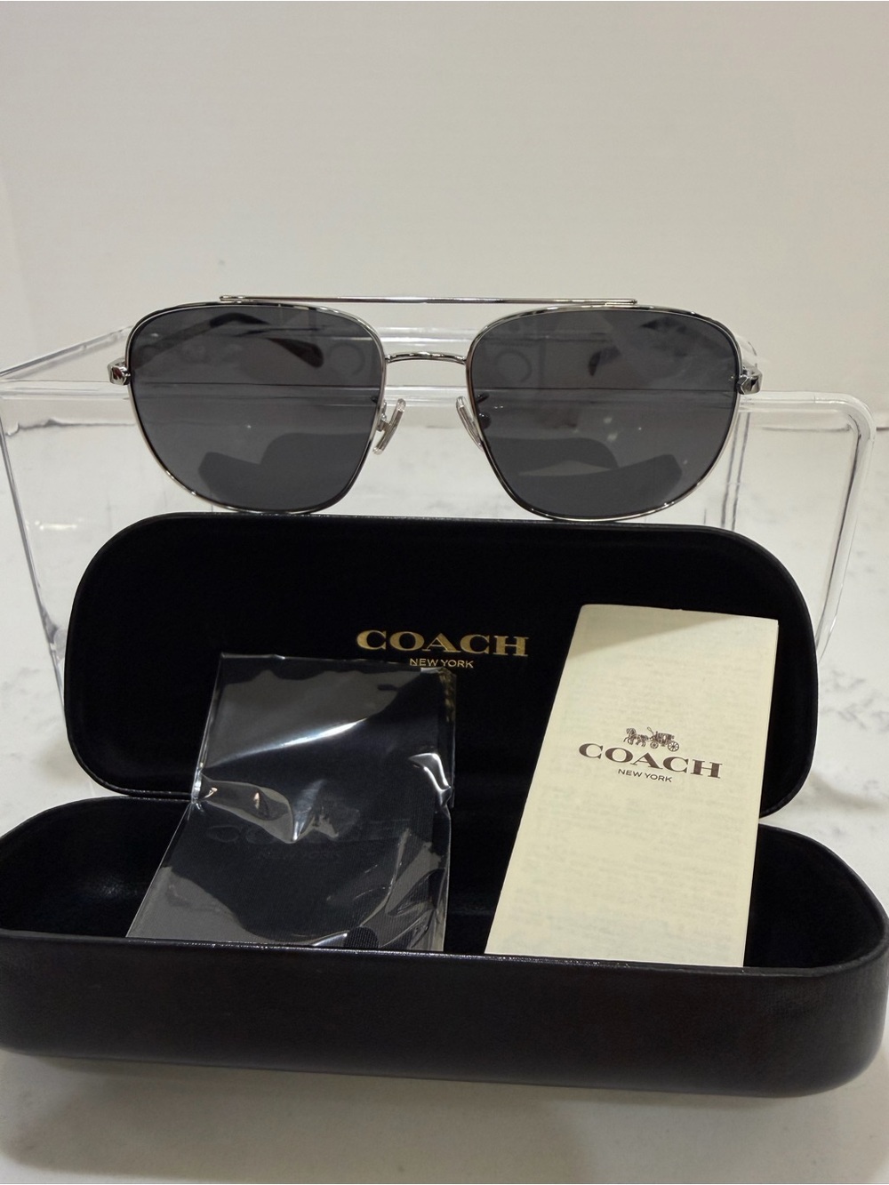 Coach Silver Frame Dark Gray Lens Aviator Sunglasses - Picture 2 of 10